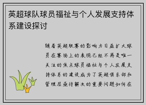 英超球队球员福祉与个人发展支持体系建设探讨